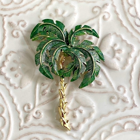 Palm Tree Green Gold Textured Brooch Ocean Caribbean Beach Vaca Cruise Holiday - Picture 3 of 16